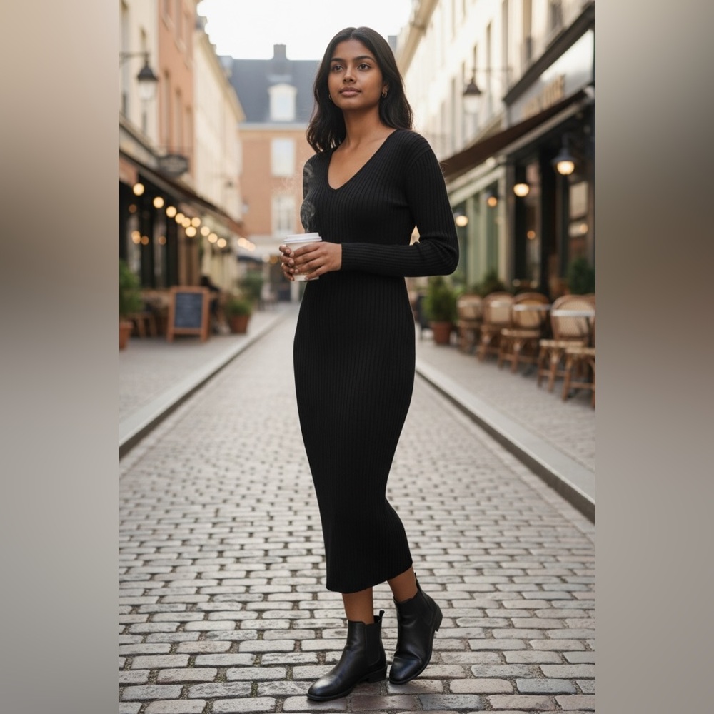Almost Famous Black Ribbed Long Sleeve Dress